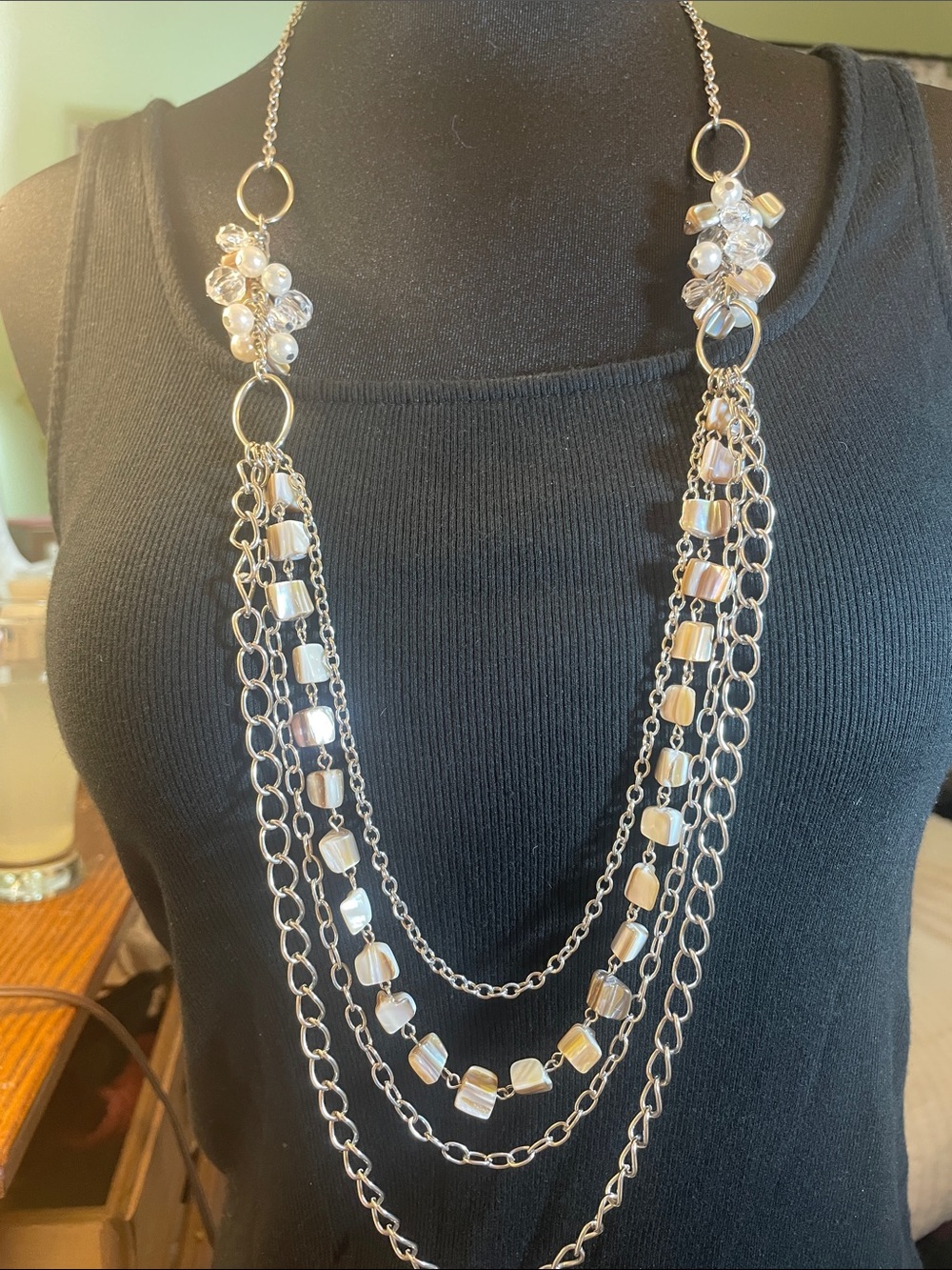 Multi-Strand Pearl Bead, Shell, Clear Acrylic On Silver Chain Necklace 20”drop